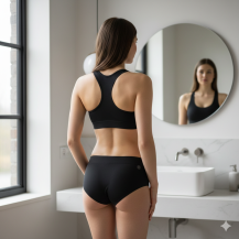 Pohled na dámské merino kalhotky Lasting Maki černé s plochými švy a širokou gumou, focené zezadu na modelce.